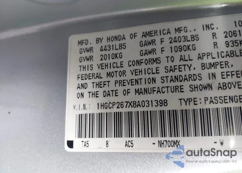 2008 Honda Accord 2.4 Ex из США, поврежденный, VIN 1HGCP267X8A031398